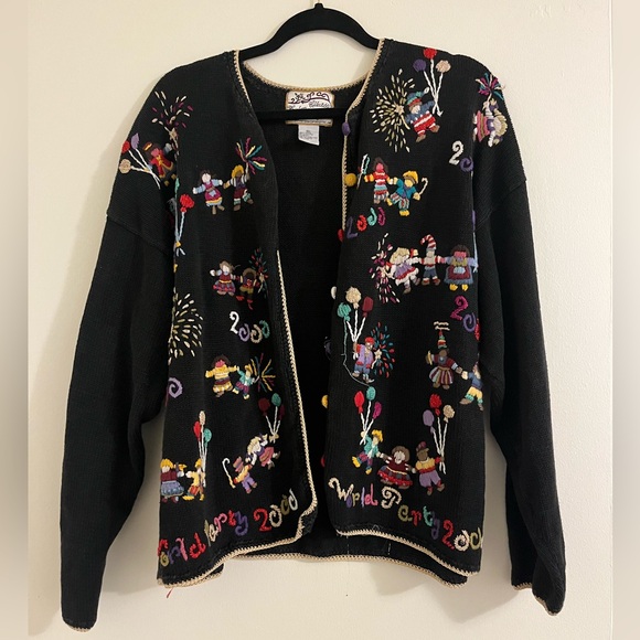 Heirloom Collectibles Sweaters - Heirloom Collectibles “World Party 2000” Embroidered Black Cardigan